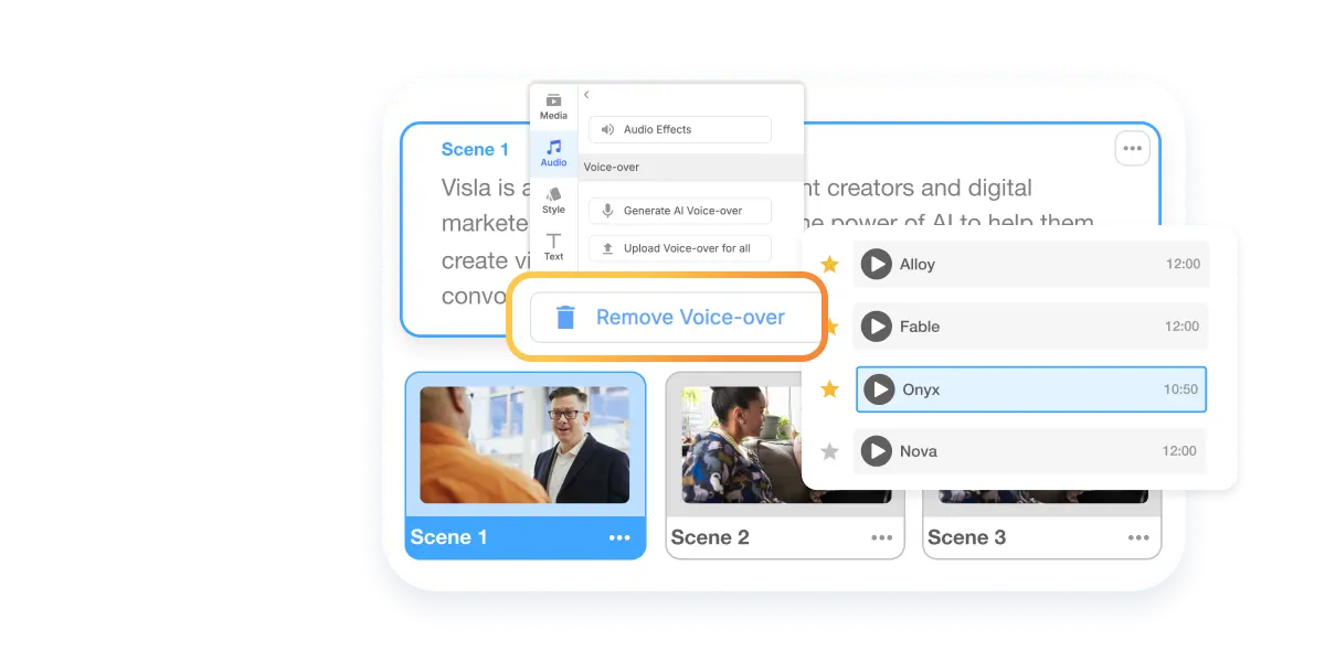 Scene-Based video editing in Visla demonstrating the magic voice-over feature. Visla offers AI-generated voice-overs in multiple languages, allowing users to add or remove voice-overs easily for a customized video experience.